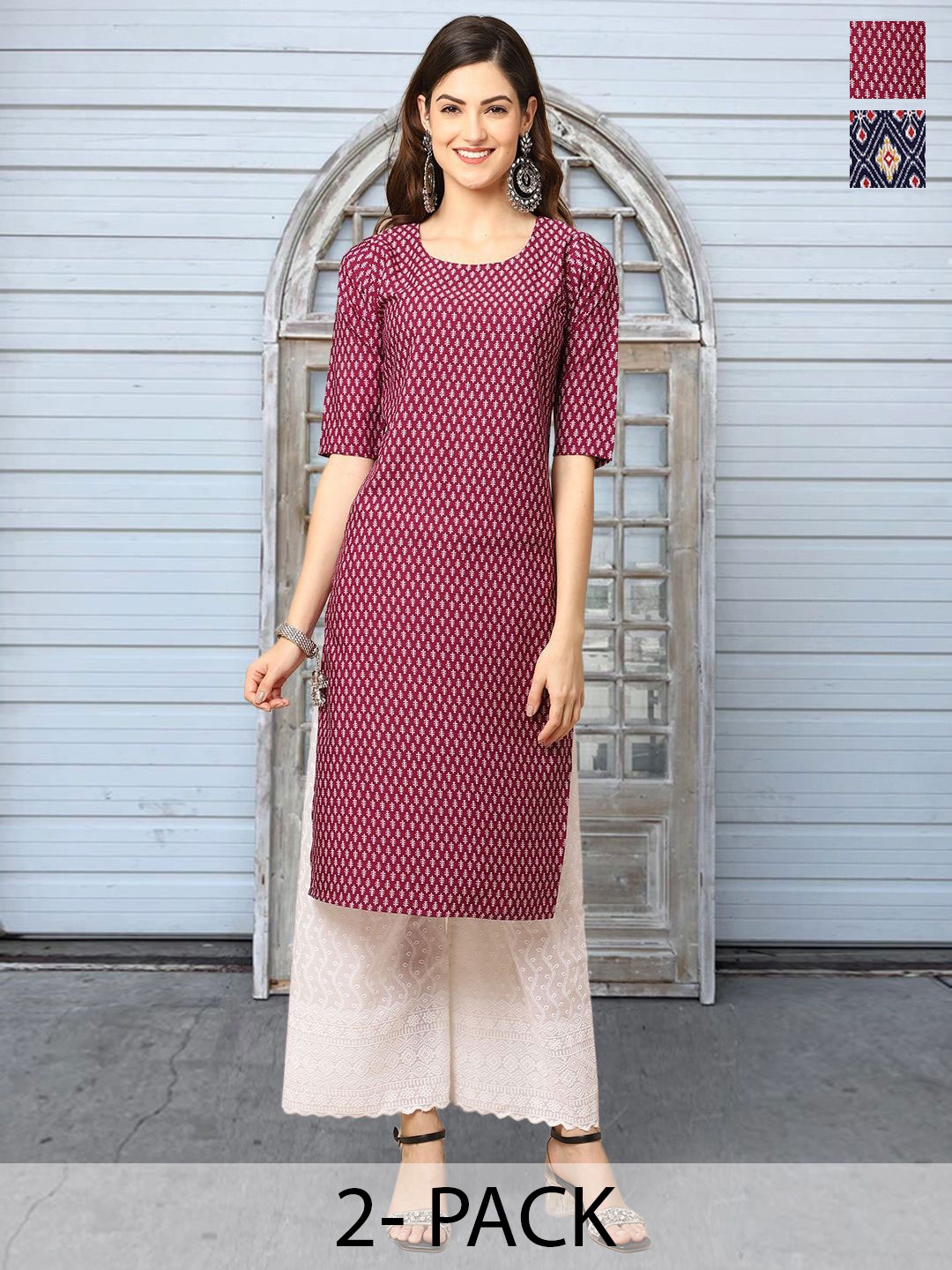 

Moda Rapido Set of 2 Ethnic Print Round Neck Straight Kurtas, Red