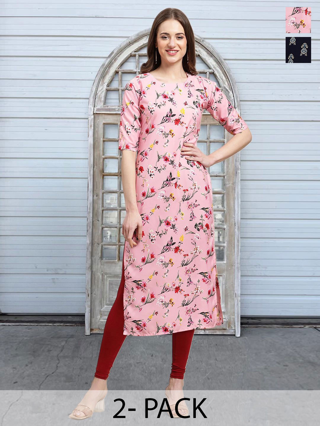 

Moda Rapido Set of 2 Printed Round Neck Straight Kurtas, Pink
