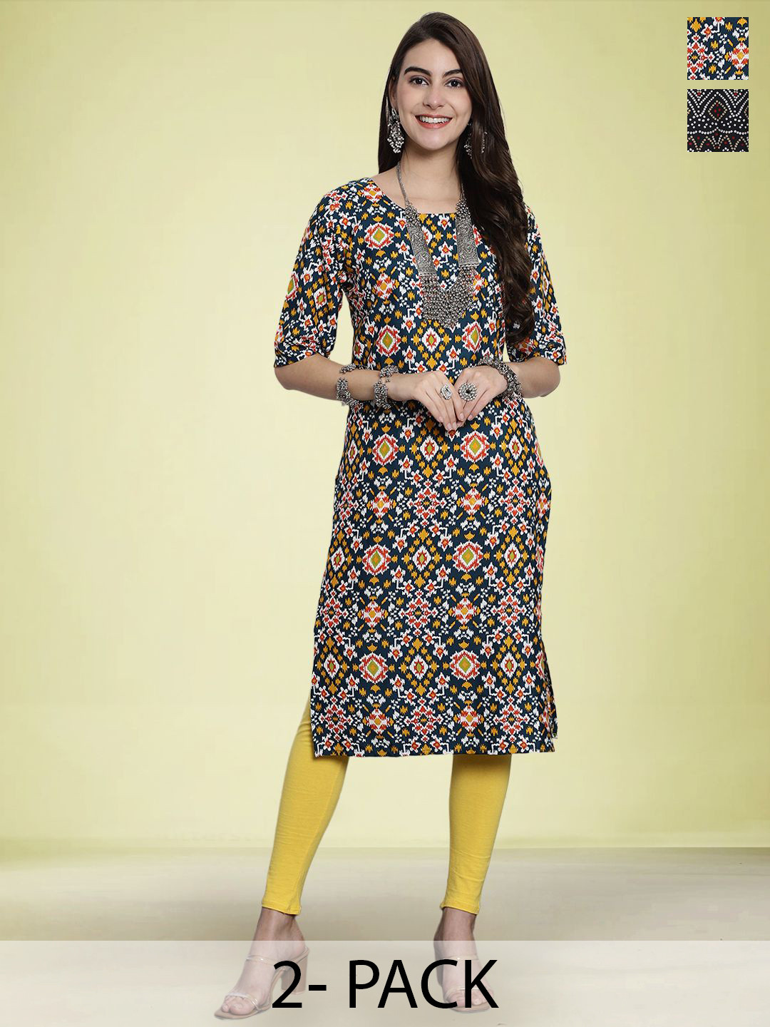 

Moda Rapido Set of 2 Ethnic Printed Round Neck Straight Kurtas, Black