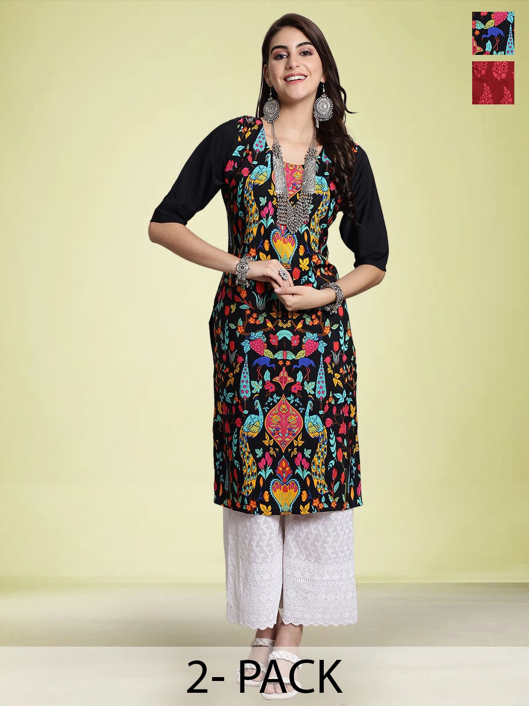 

Moda Rapido Set of 2 Ethnic Motifs Printed Round Neck Straight Kurtas, Black