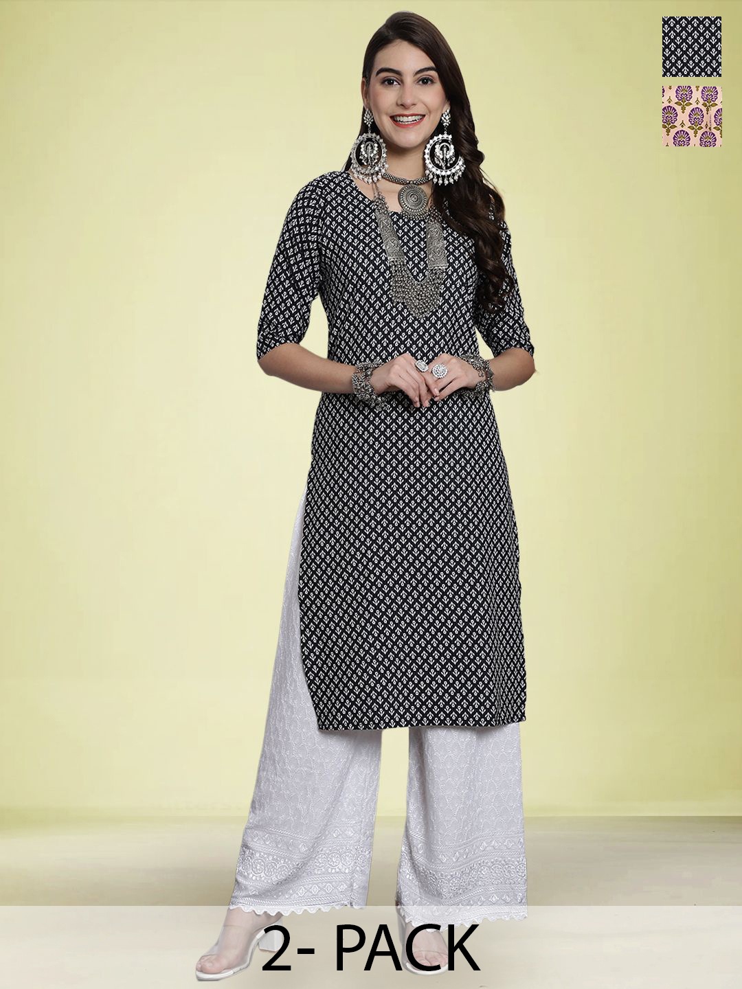 

Moda Rapido Set of 2 Ethnic Printed Round Neck Straight Kurtas, Black
