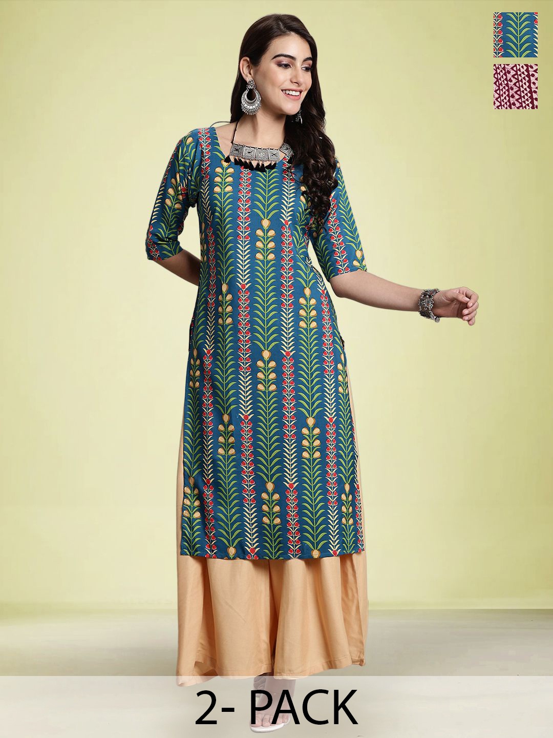 

Moda Rapido Set of 2 Printed Straight Kurtas, Green