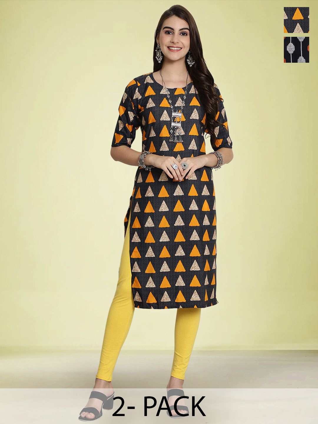 

Moda Rapido Set of 2 Geometric PrintRound Neck Straight Kurtas, Black