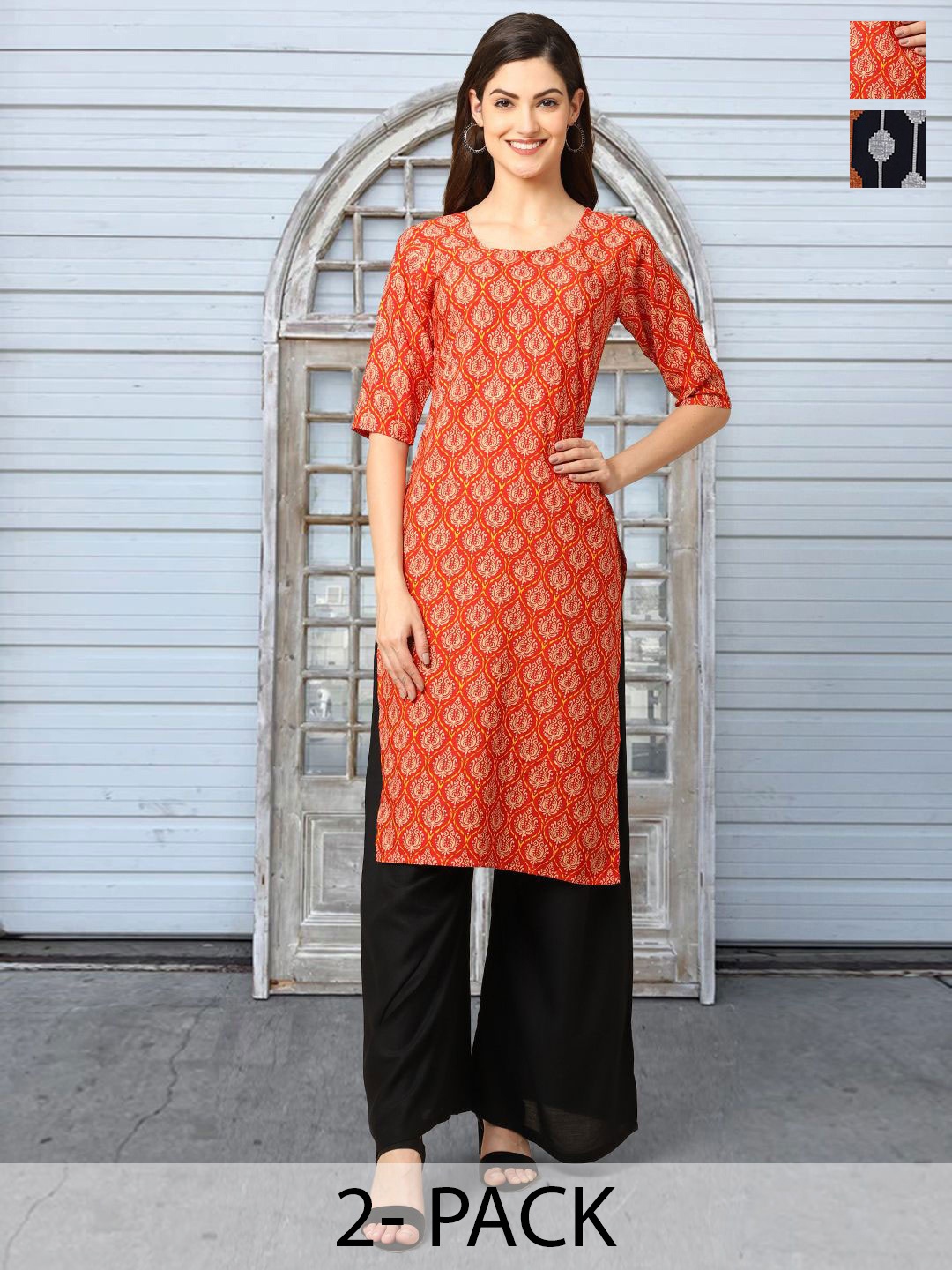

Moda Rapido set of 2 Geometric Printed Round Neck Straight Kurtas, Orange