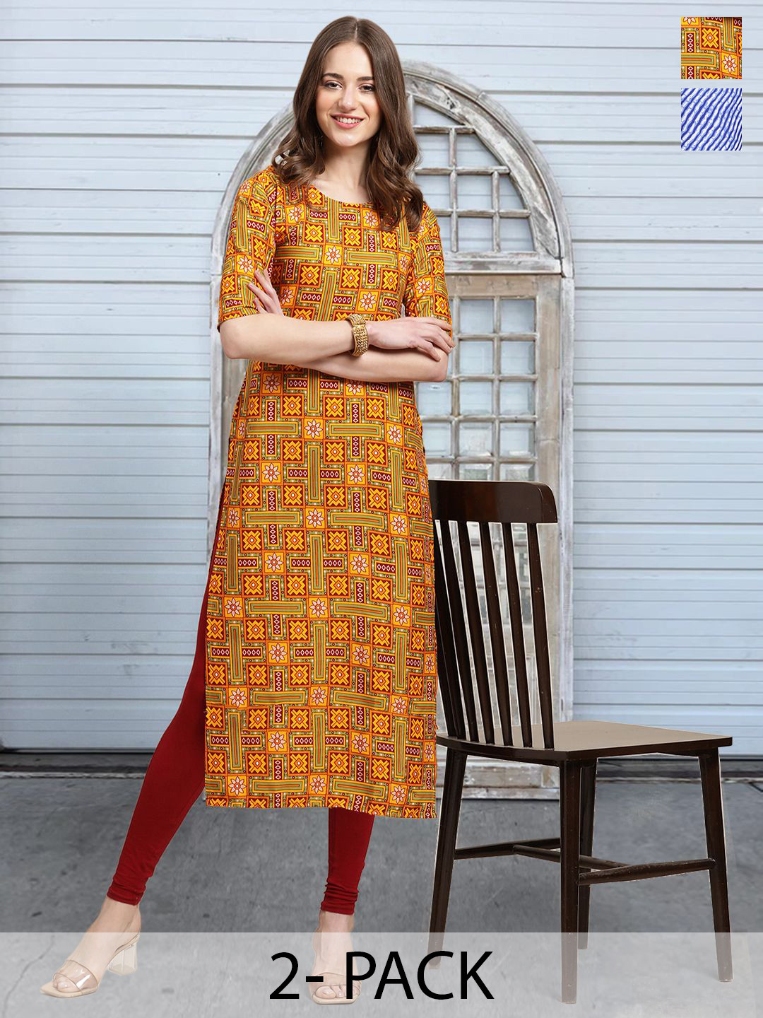 

Moda Rapido Set of 2 Printed Round Neck Straight Kurtas, Mustard