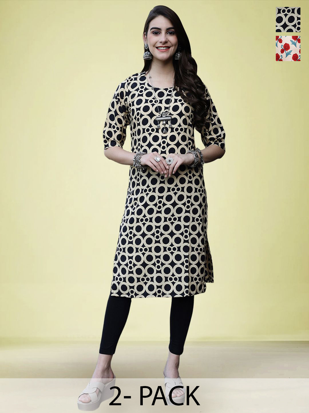

Moda Rapido Set of 2 Printed Round Neck Straight Kurtas, Black