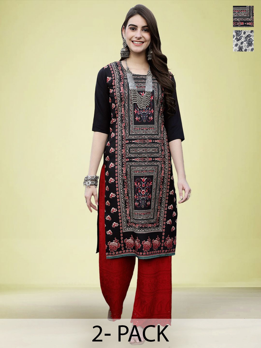 

Moda Rapido Set of 2 Printed Round Neck Straight Kurtas, Black