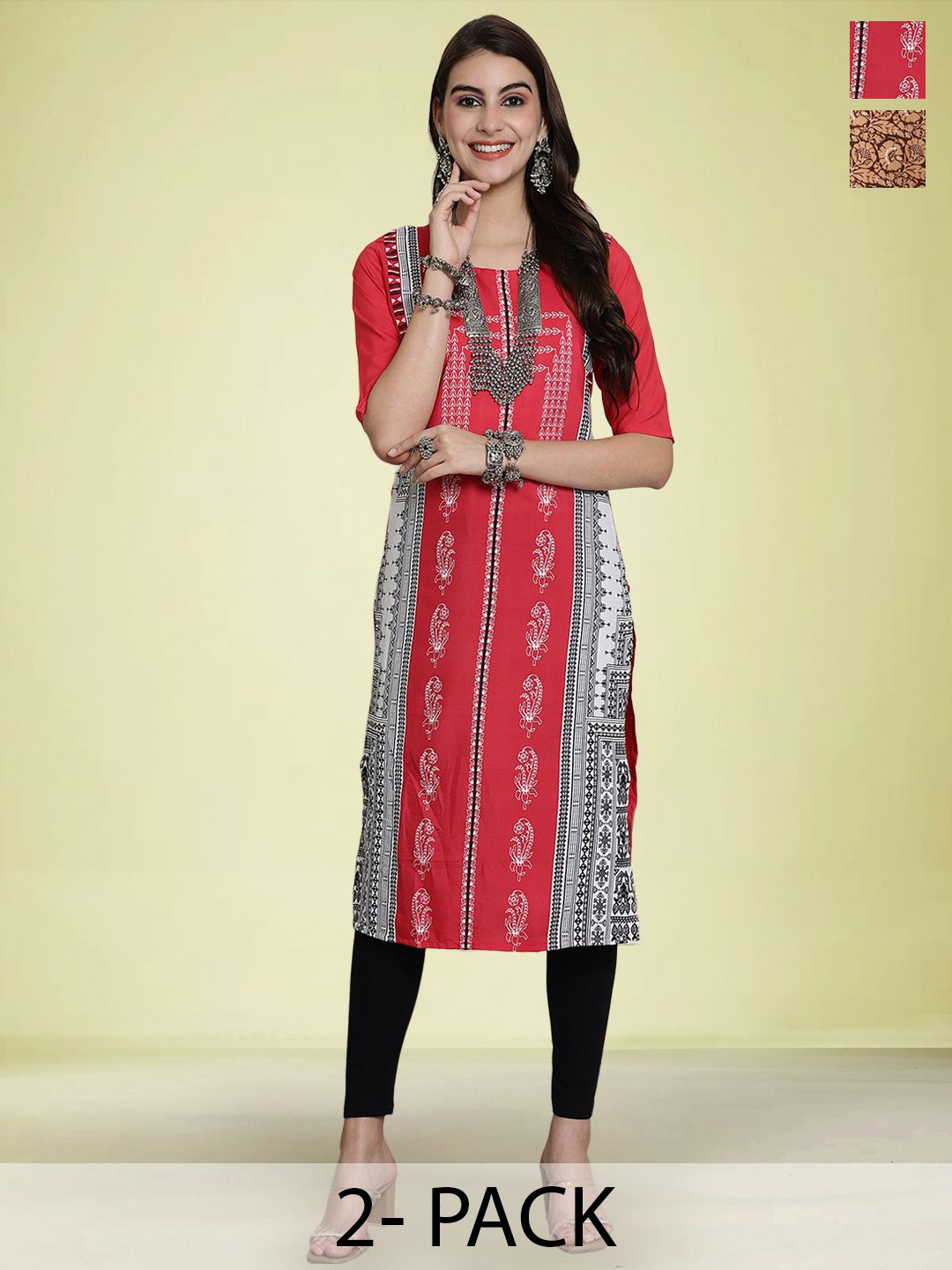 

Moda Rapido Set of 2 Printed Round Neck Straight Kurtas, Pink