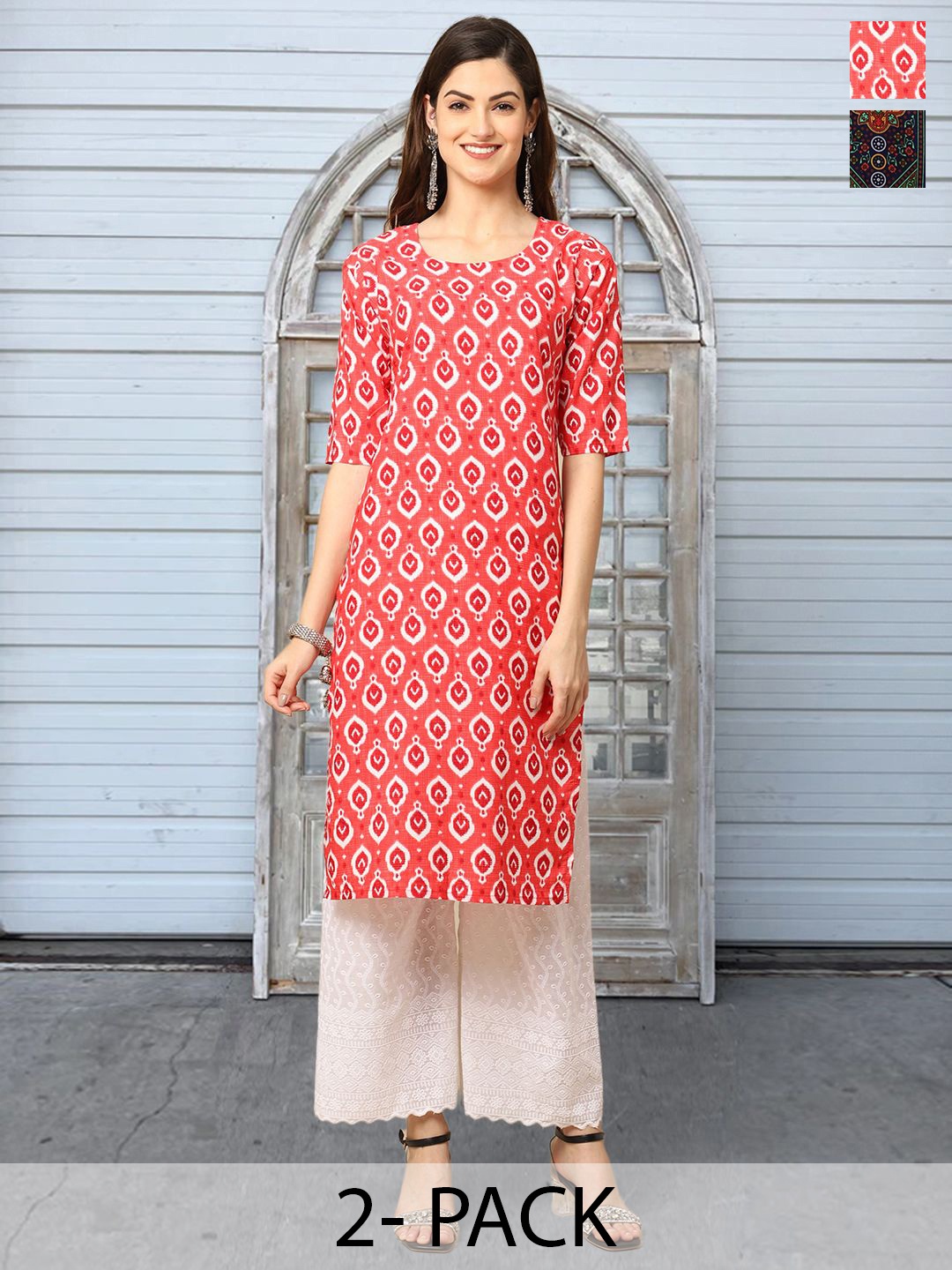 

Moda Rapido Set of 2 Printed Round Neck Straight Kurtas, Red