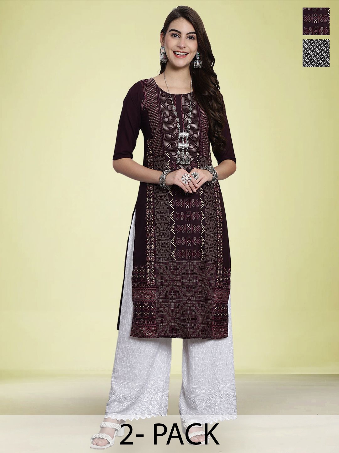 

Moda Rapido Set of 2 Printed Round Neck Straight Kurtas, Purple