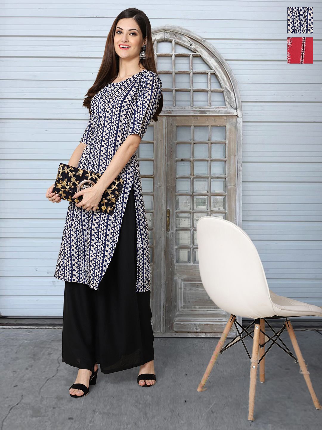 

Moda Rapido Set of 2 Printed Round Neck Straight Kurtas, Navy blue