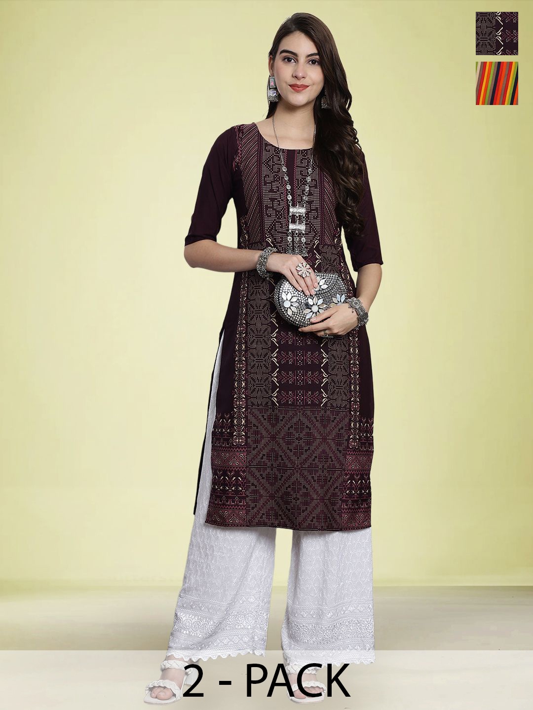 

Moda Rapido Set of 2 Printed Round Neck Straight Kurtas, Brown