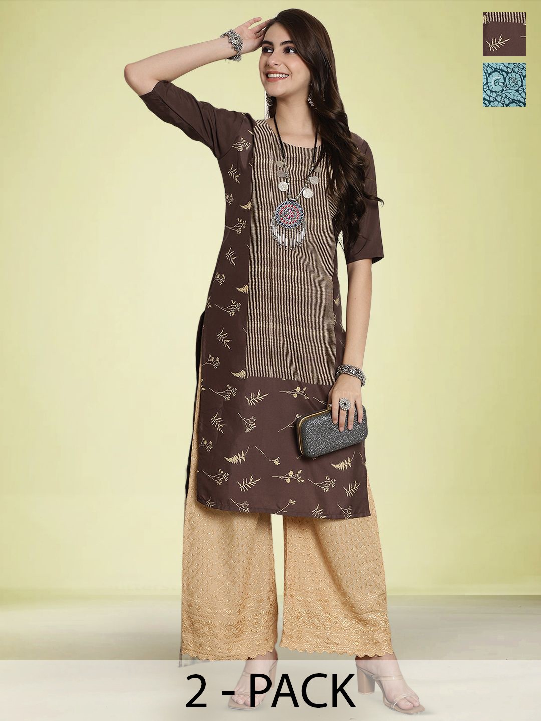 

Moda Rapido Set of 2 Printed Round Neck Straight Kurtas, Brown