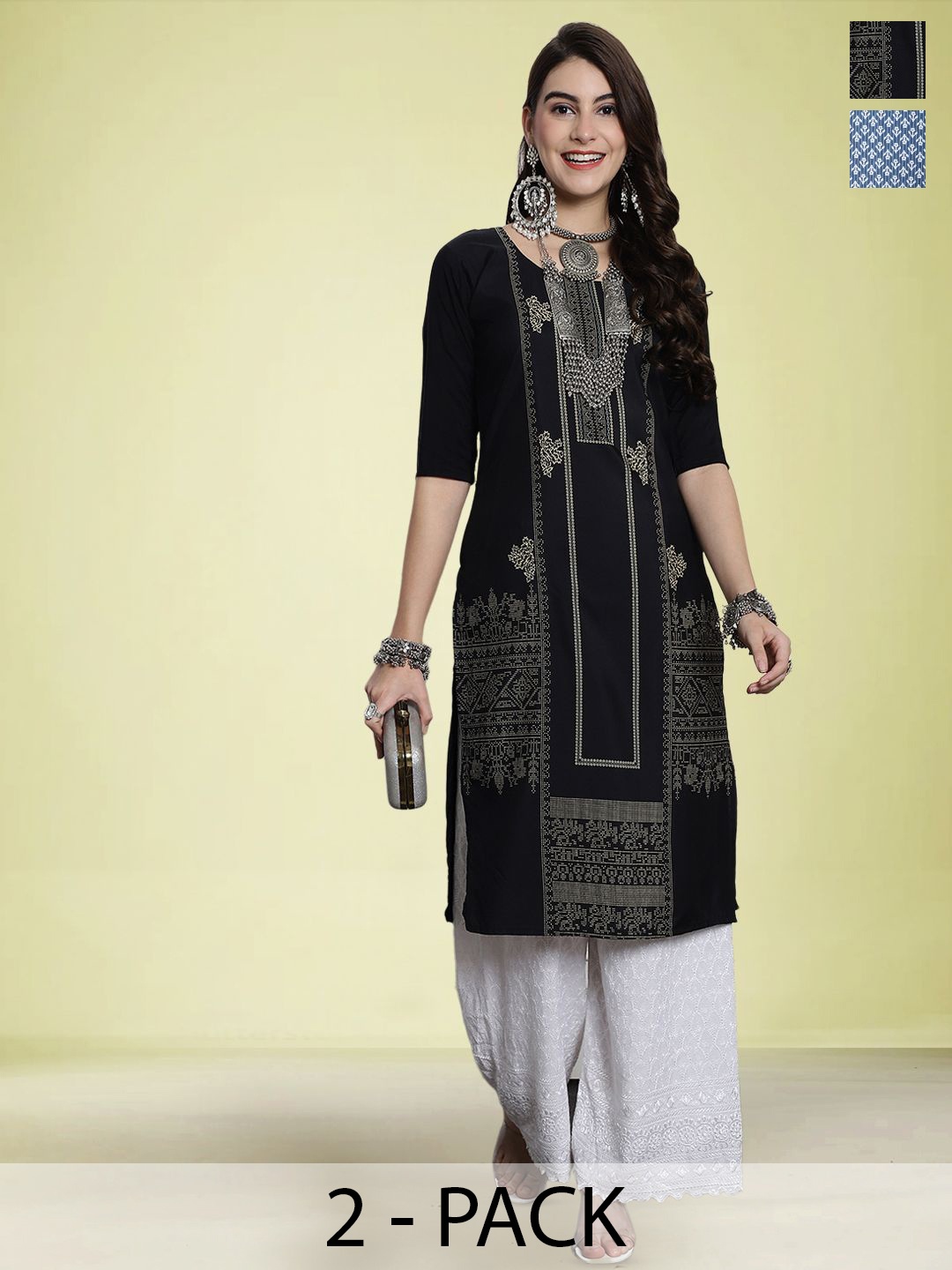 

Moda Rapido Set of 2 Printed Round Neck Straight Kurtas, Black
