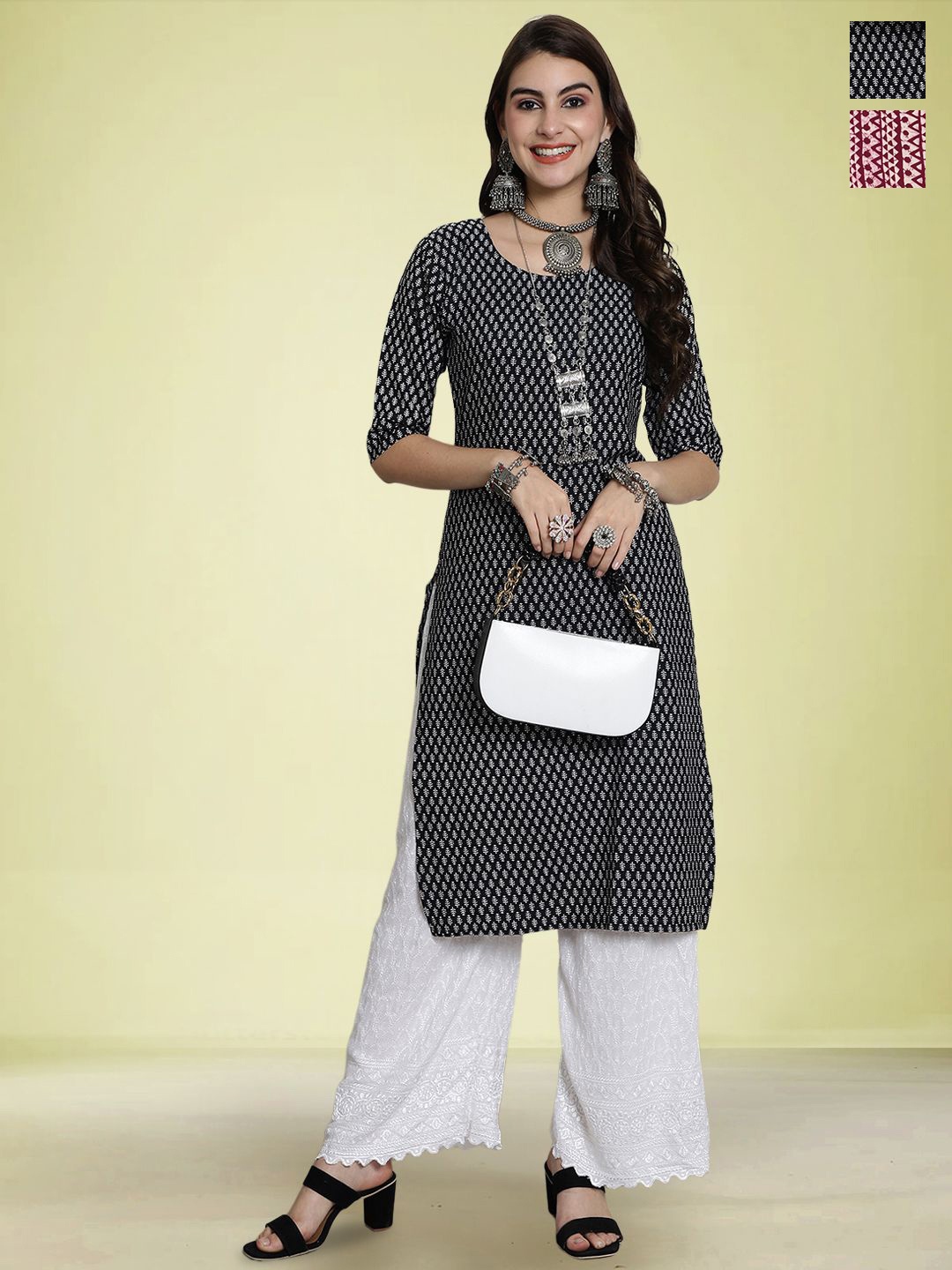 

Moda Rapido Set of 2 Printed Round Neck Straight Kurtas, Black