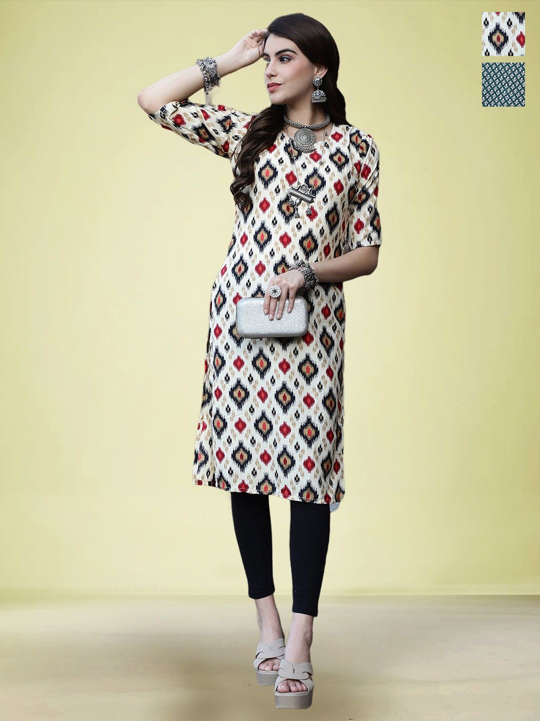 

Moda Rapido Set of 2 Printed Round Neck Straight Kurtas, Cream