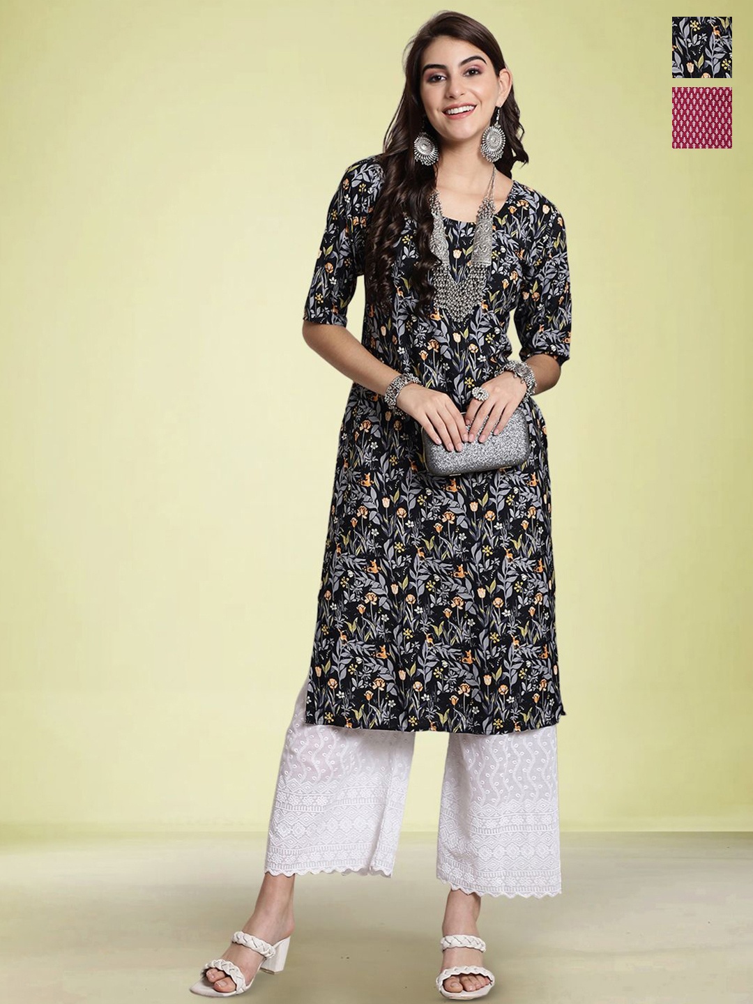 

Moda Rapido Set of 2 Printed Round Neck Straight Kurtas, Black