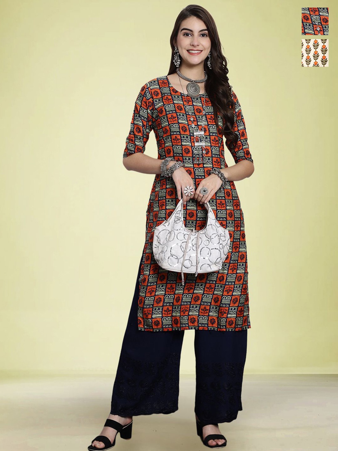 

Moda Rapido Set of 2 Printed Round Neck Straight Kurtas, Orange