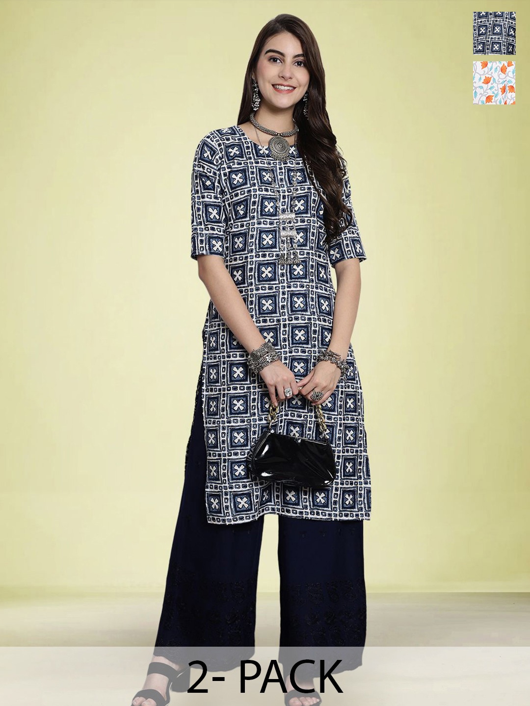 

Moda Rapido Set of 2 Printed Round Neck Straight Kurtas, Navy blue