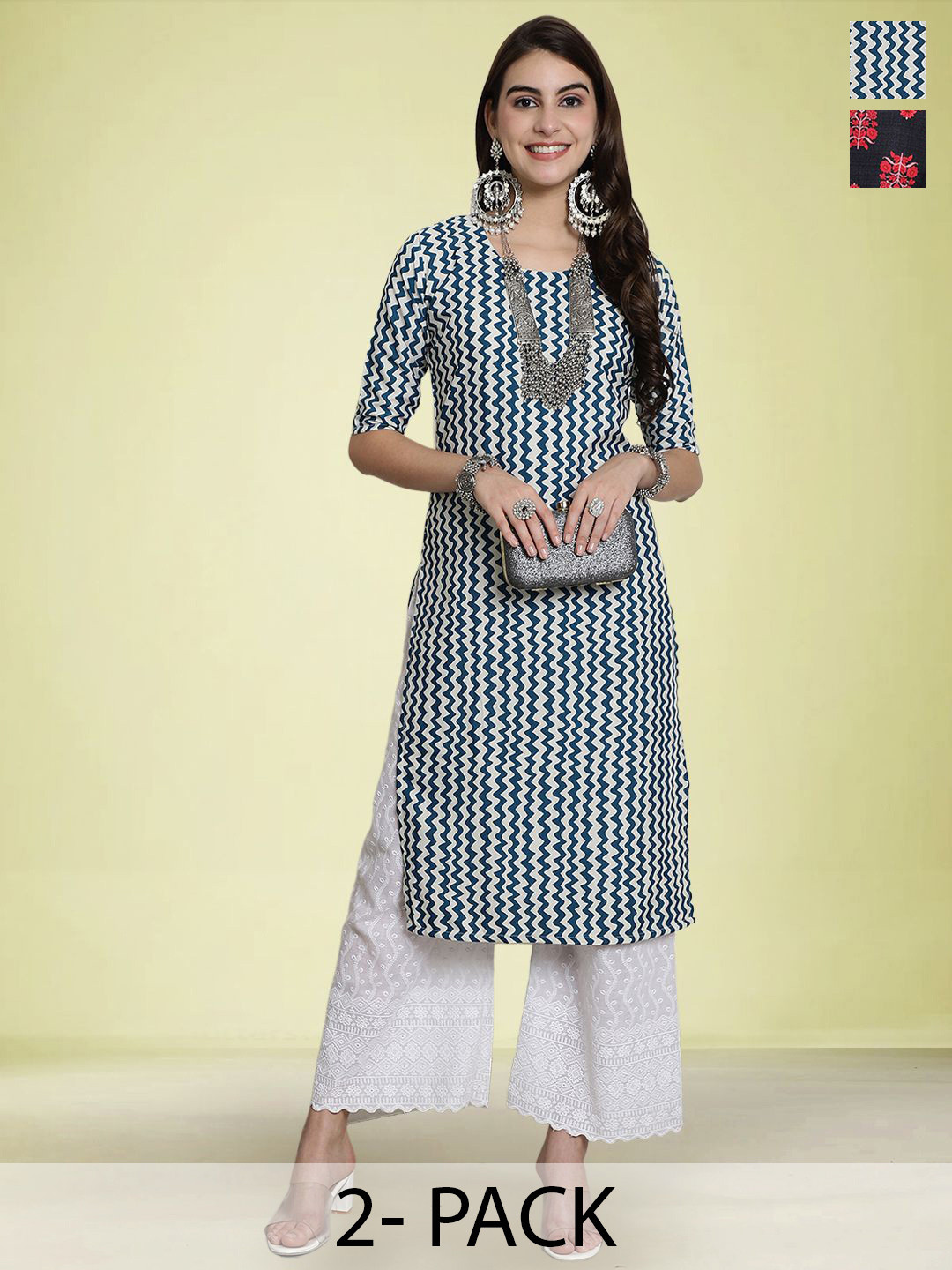 

Moda Rapido Set of 2 Printed Round Neck Straight Kurtas, Blue