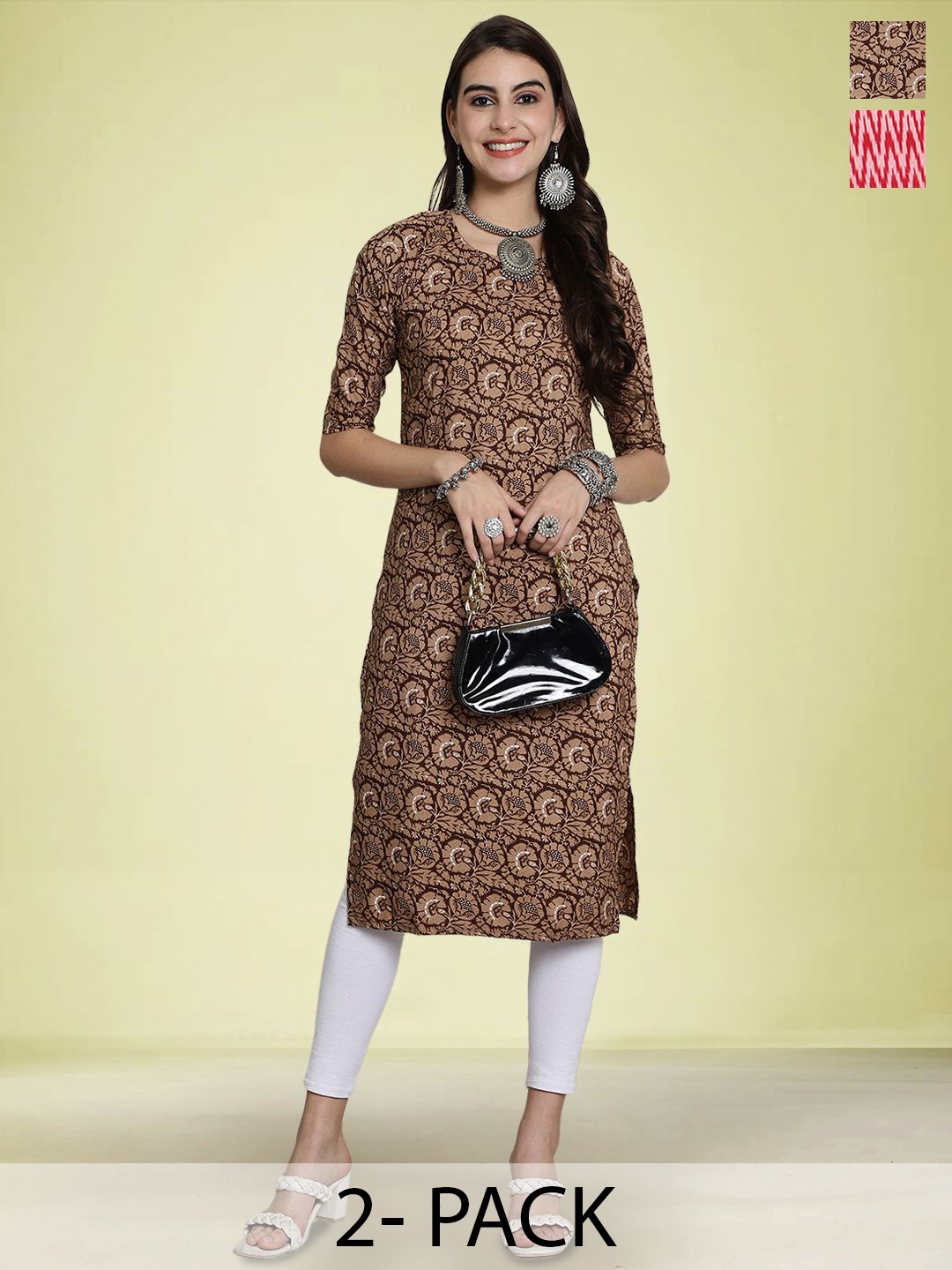 

Moda Rapido Set of 2 Printed Round Neck Straight Kurtas, Beige