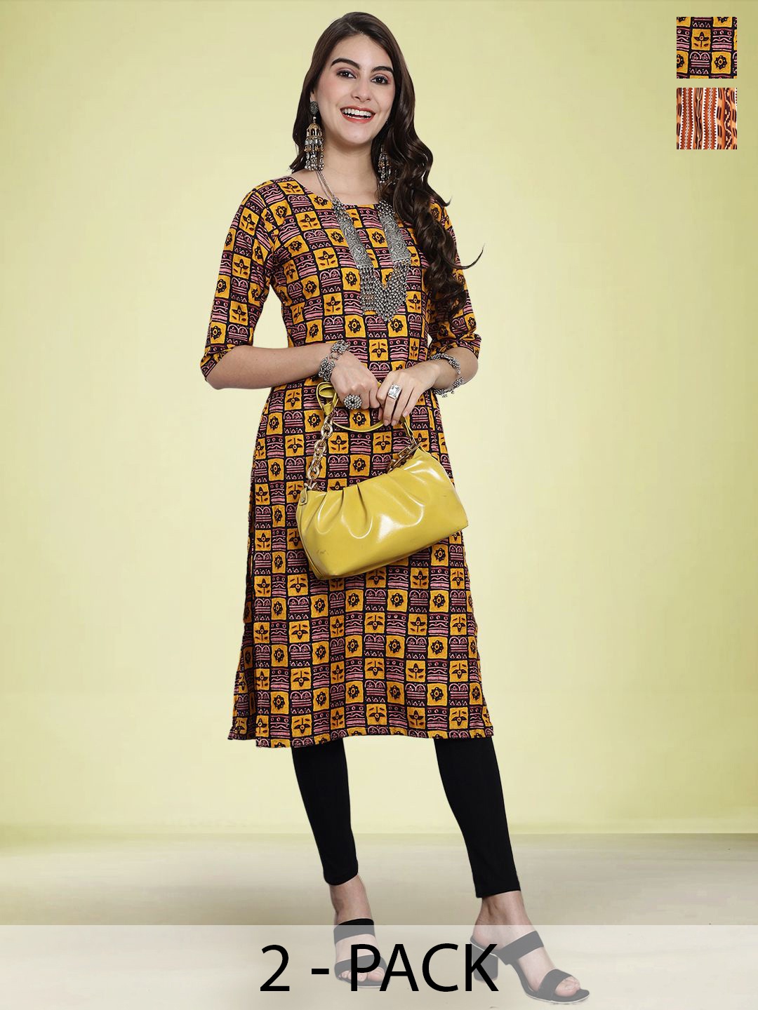 

Moda Rapido Set of 2 Printed Round Neck Straight Kurtas, Yellow
