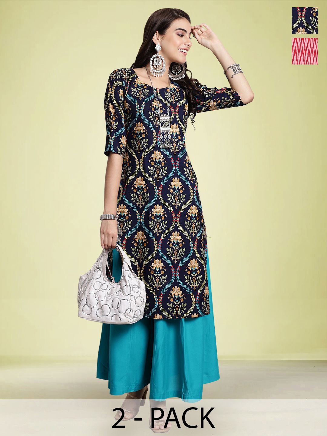 

Moda Rapido Set of 2 Printed Round Neck Straight Kurtas, Navy blue