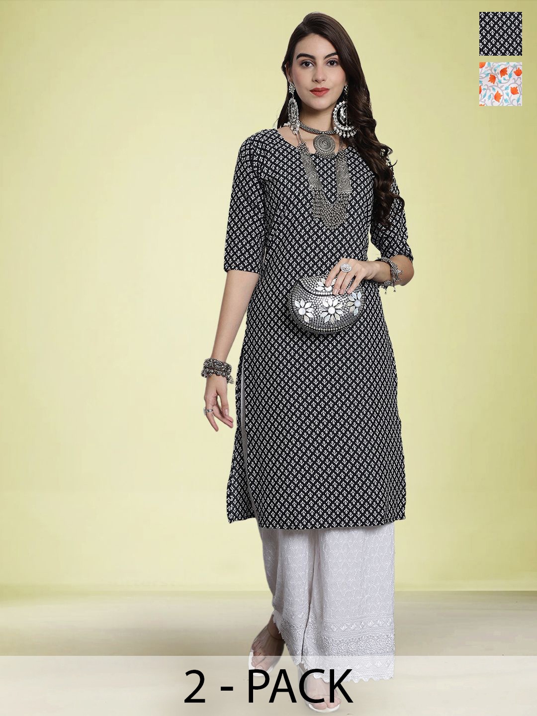 

Moda Rapido Set of 2 Printed Round Neck Straight Kurtas, Black