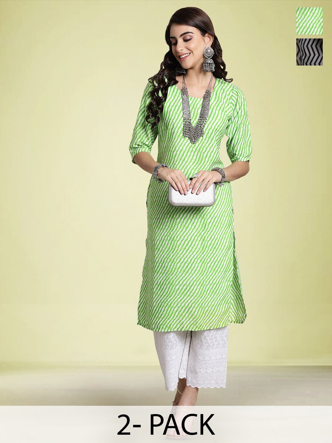 

Moda Rapido Set of 2 Printed Round Neck Straight Kurtas, Green