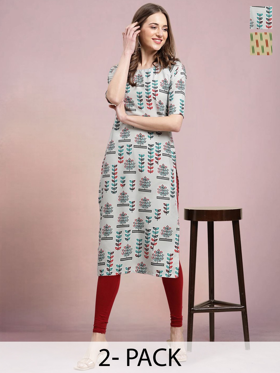 

Moda Rapido Set of 2 Printed Round Neck Straight Kurtas, Grey
