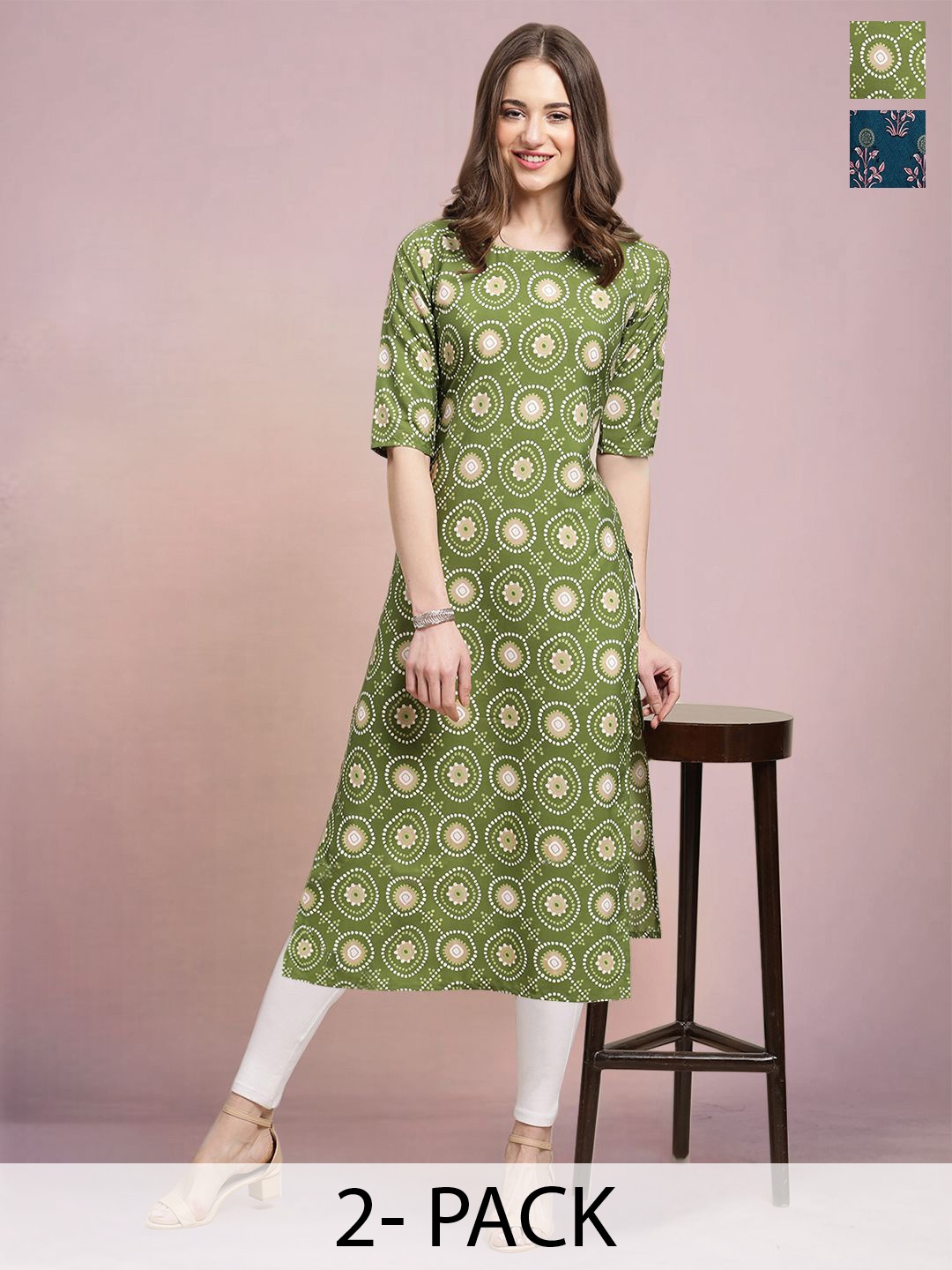 

Moda Rapido Set of 2 Printed Round Neck Straight Kurtas, Green