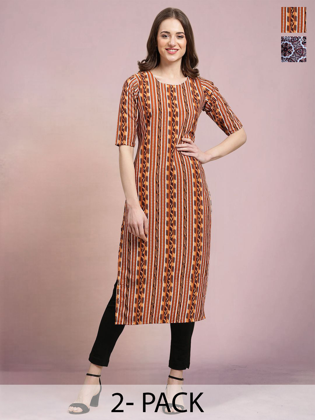

Moda Rapido Set of 2 Printed Round Neck Straight Kurtas, Brown