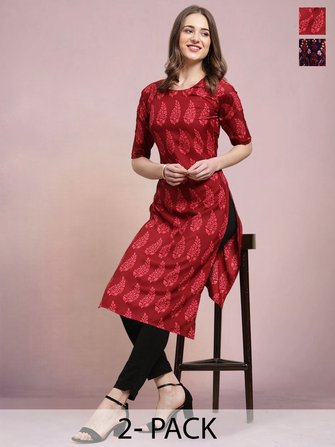 

Moda Rapido Set of 2 Printed Round Neck Straight Kurtas, Red
