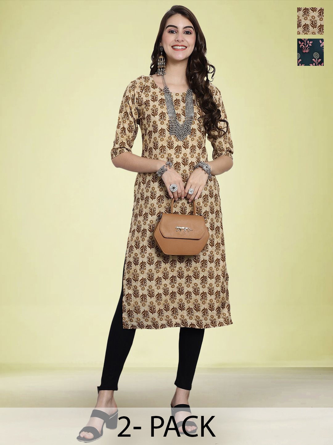 

Moda Rapido Set of 2 Printed Round Neck Straight Kurtas, Beige