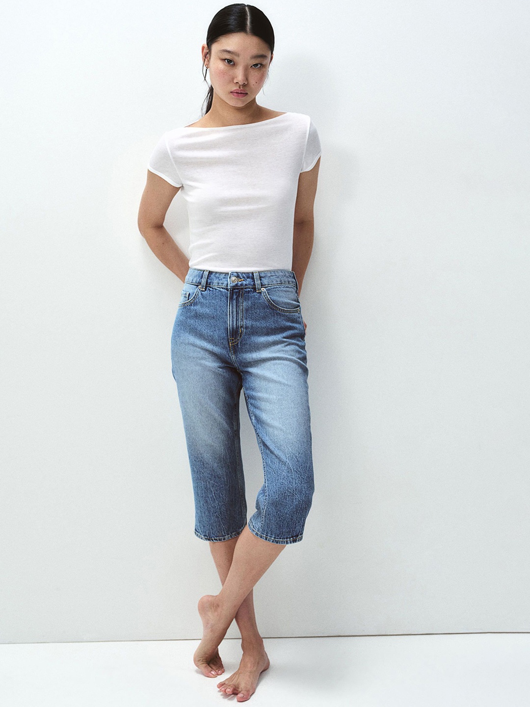 

H&M Slim Straight High Capri Jeans, Blue