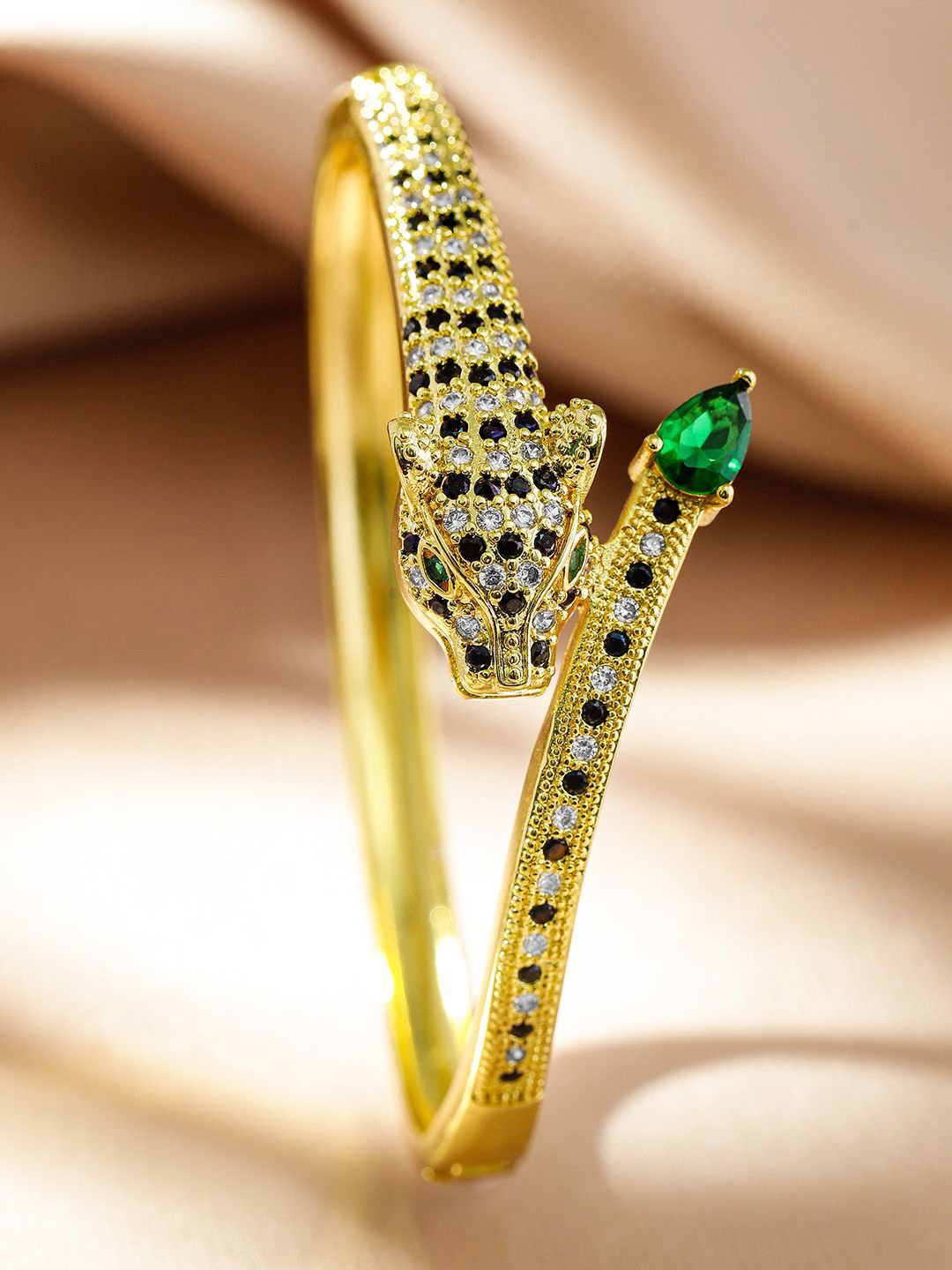 

Rubans 22K Gold Plated Demi Fine Panther Bracelet with Green Black & White Cubic Zirconia