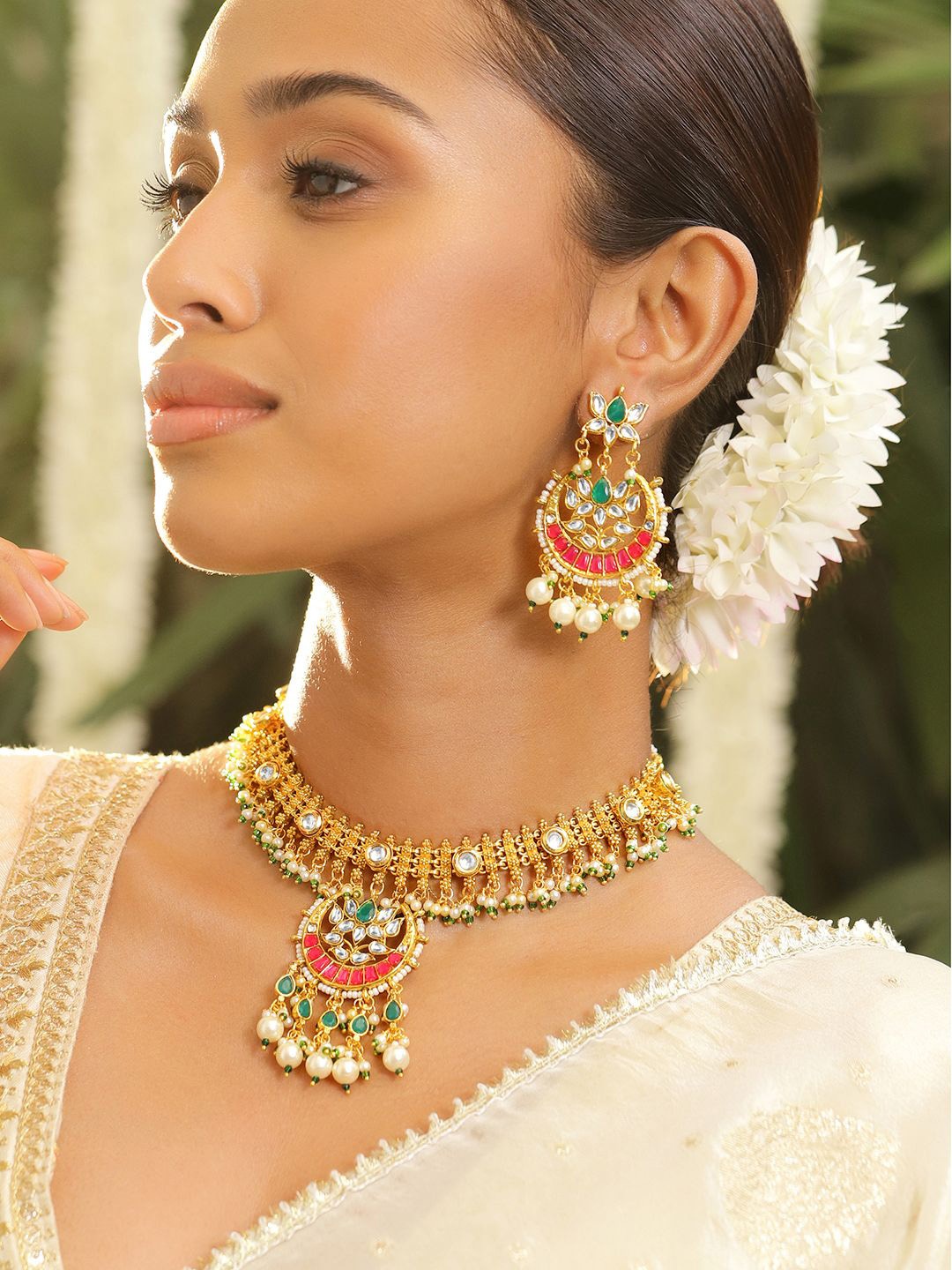 

Rubans 22K Gold Plated Ruby Red & Emerald Kundan Beaded Pearl Traditional Jewellery Set