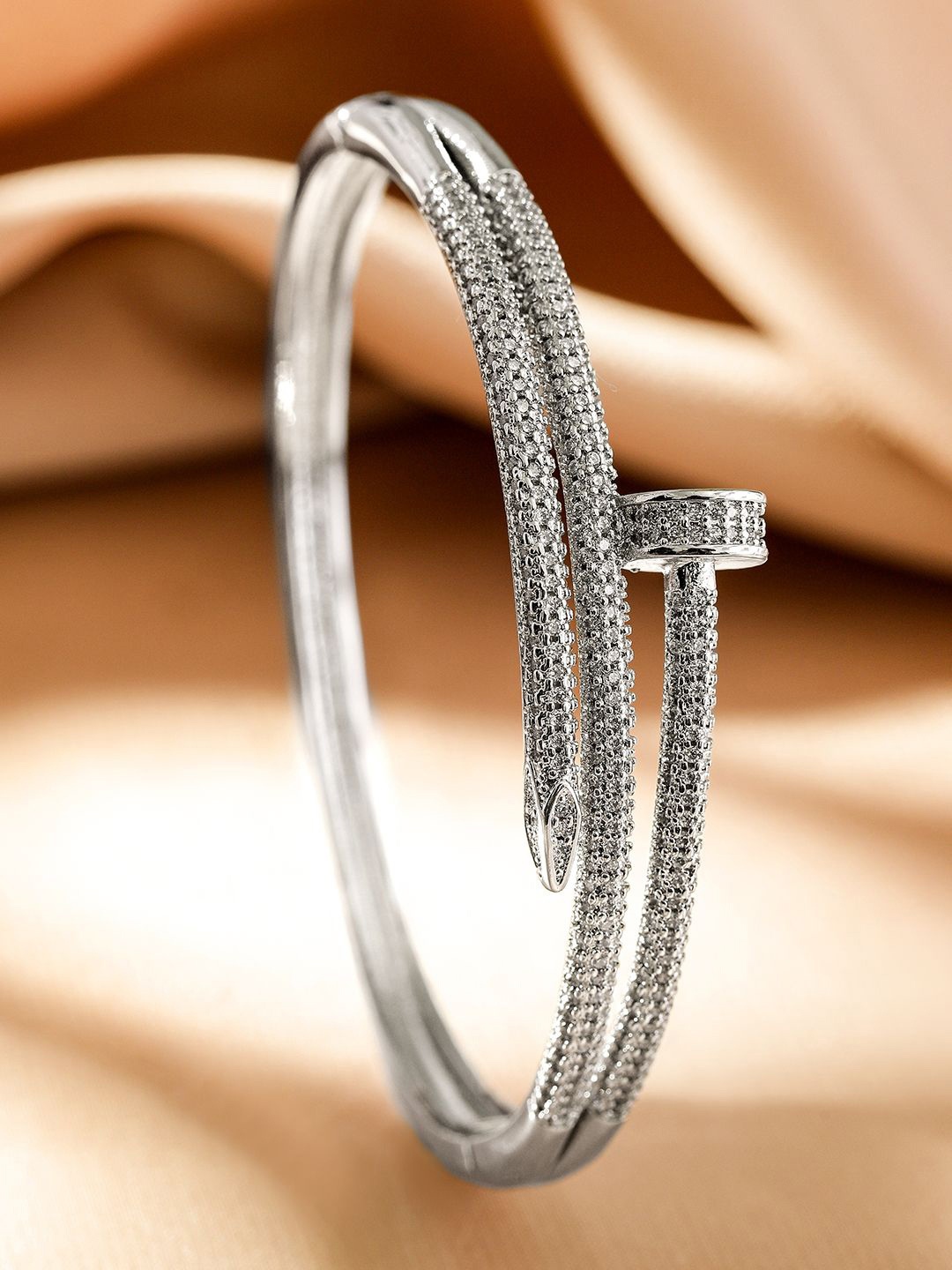 

Rubans Rhodium Plated Demi Fine White Cubic Zirconia Kada Bracelet, Silver