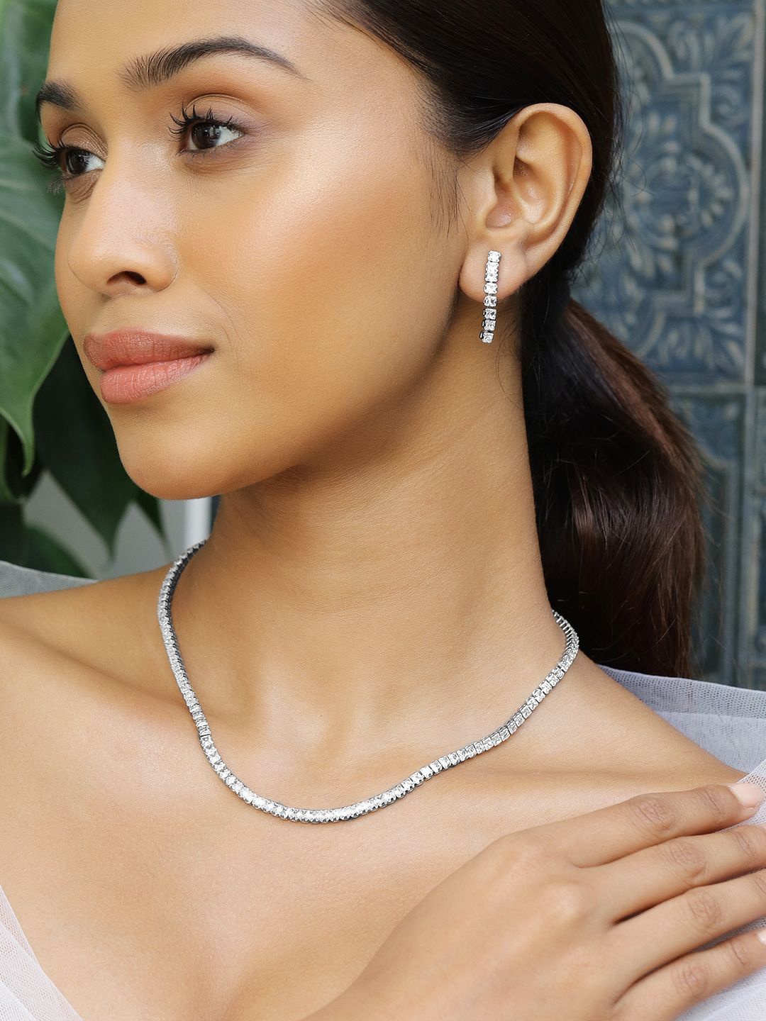 

Rubans Rhodium Plated Cubic Zirconia Studded Statement Necklace Set, Silver