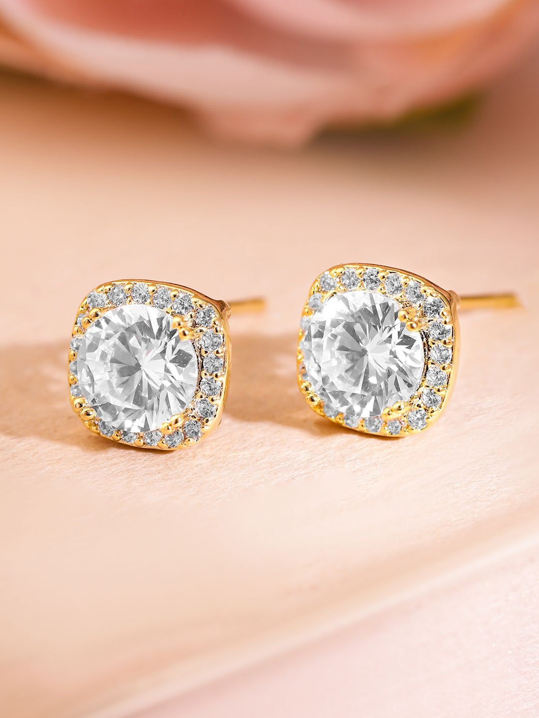 

Rubans 18K Gold Plated Cubic Zirconia Studded Round Stud Earrings