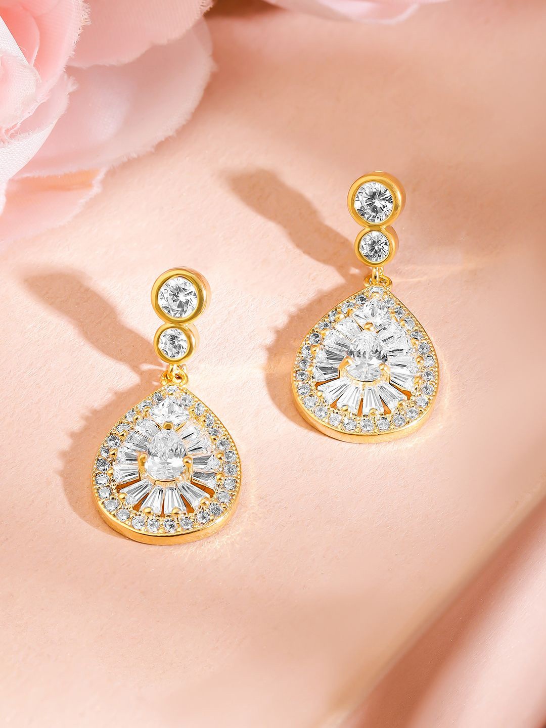 

Rubans 18K Gold Plated Cubic Zirconia Studded Radiant Teardrop Earrings