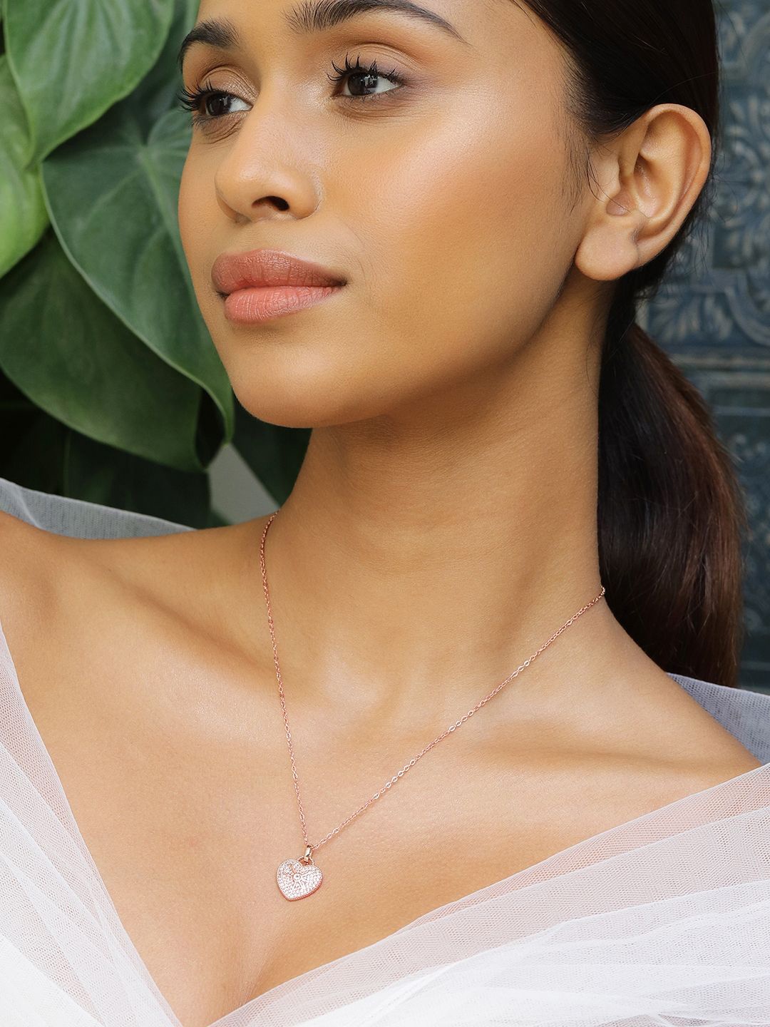 

Rubans 18K Rose Gold Plated Heart Shaped Cubic Zirconia Studded Pendant Necklace
