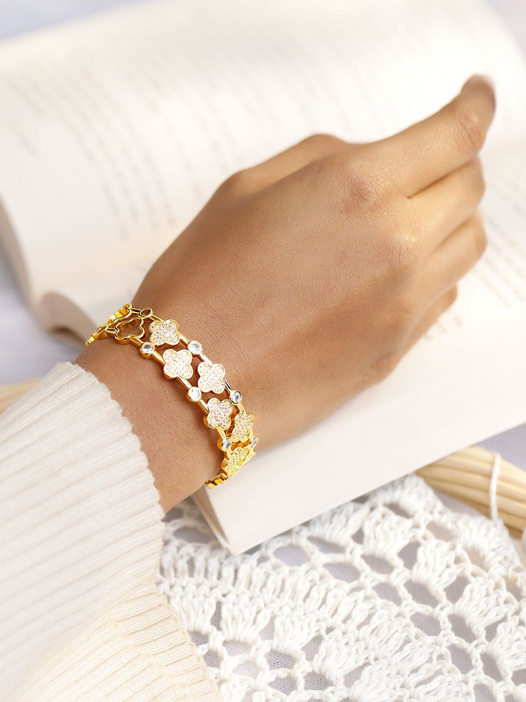 

Rubans 22K Gold Plated Clover Design Demi Fine Bracelet with White Cubic Zirconia