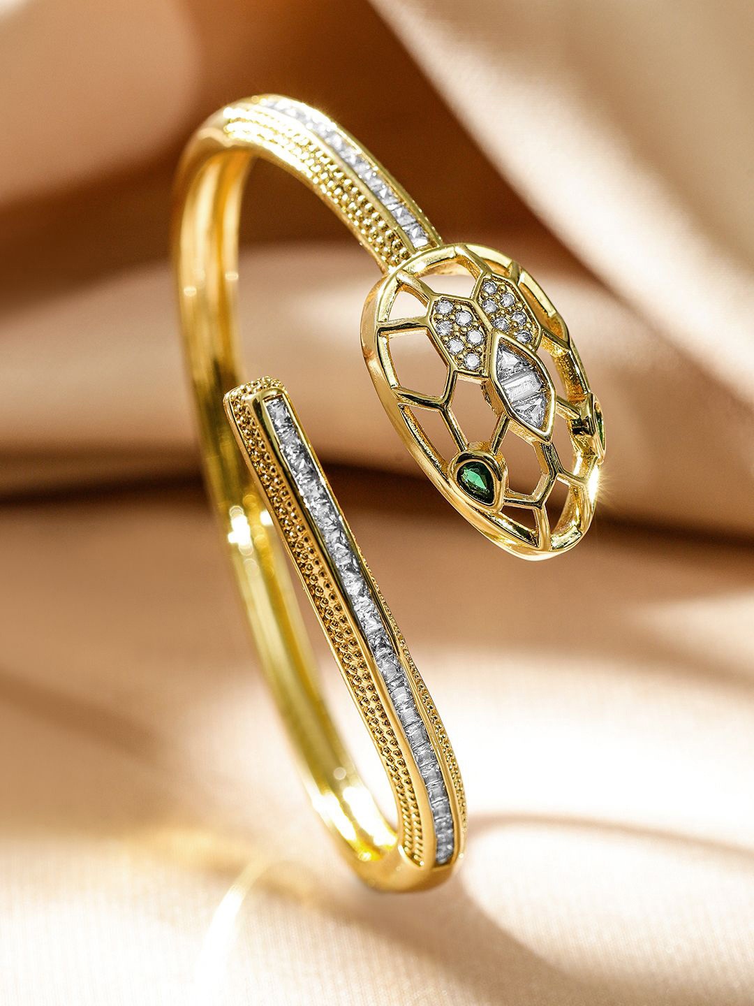 

Rubans 22K Gold Plated Demi Fine Snake Cuff Bracelet with White & Green Cubic Zirconia