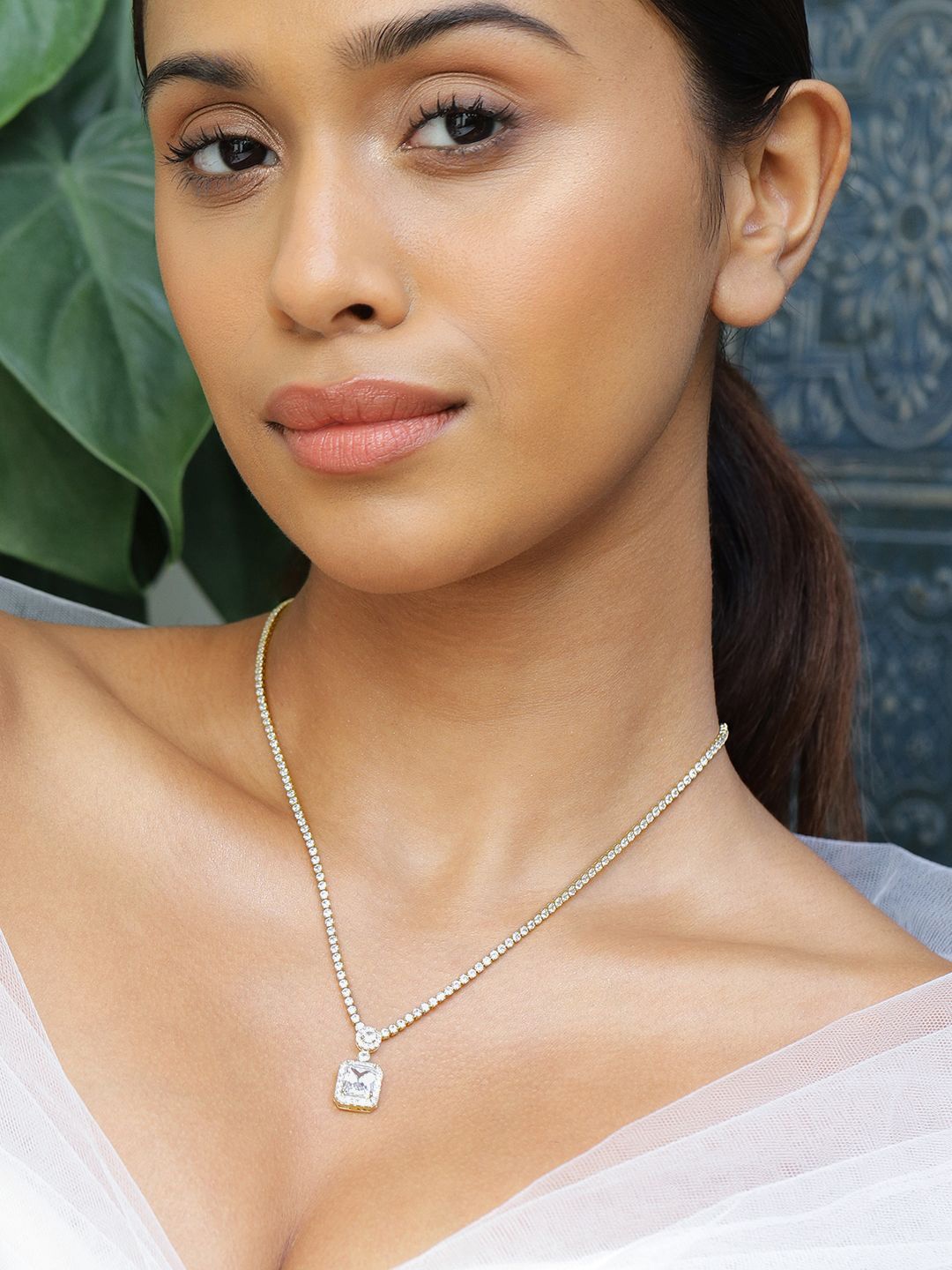 

Rubans 22K Gold Plated Cubic Zirconia Studded Pendant Necklace