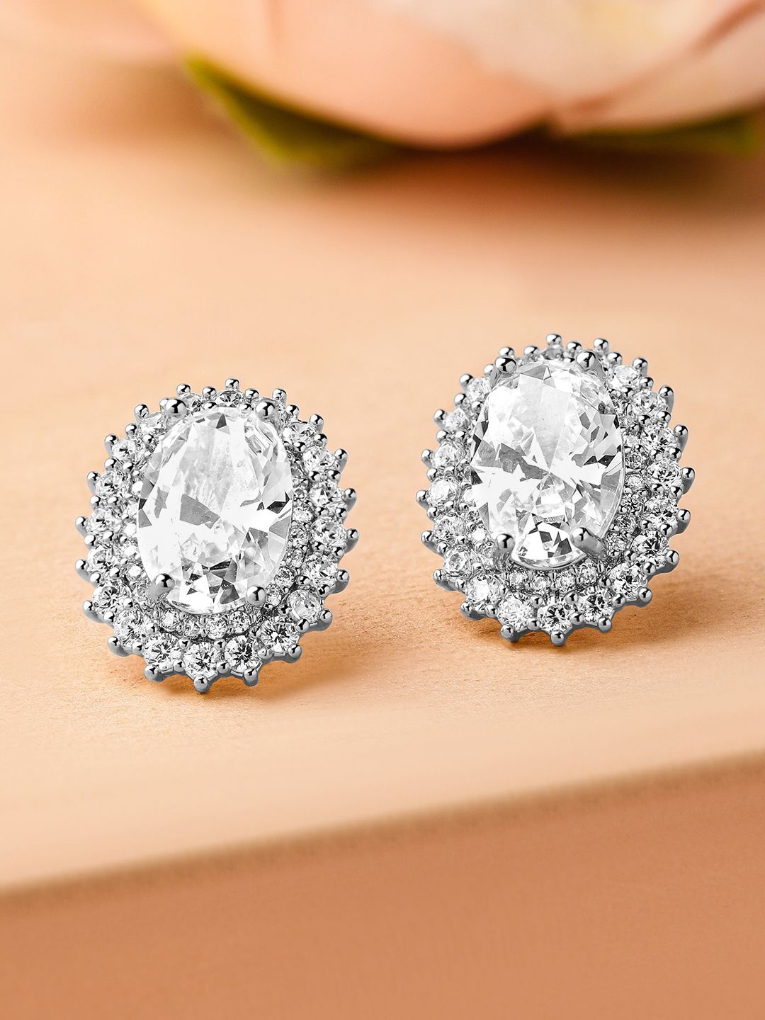 

Rubans Rhodium Plated Oval Cubic Zirconia Studded Statement Stud Earrings, Silver