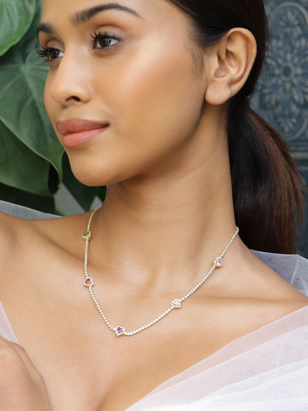 

Rubans 22K Gold Plated Multicolor AD & Cubic Zirconia Studded Heart Charm Tennis Necklace