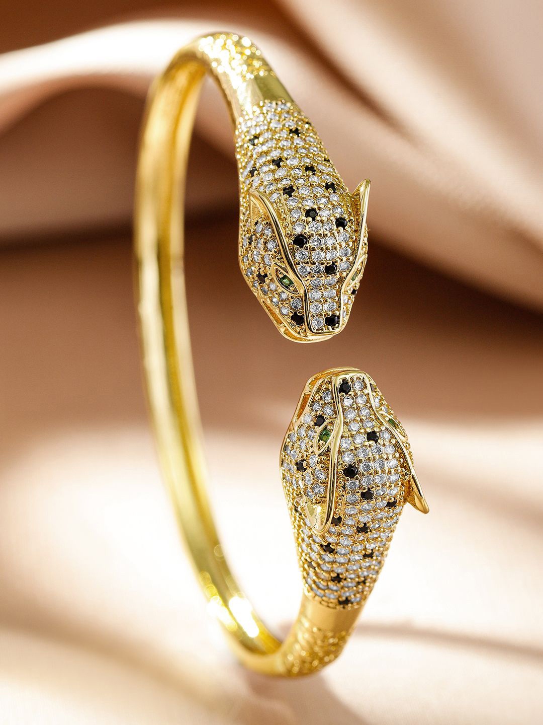 

Rubans 22K Gold Plated Demi Fine Panther Bracelet with Green Black & White Cubic Zirconia