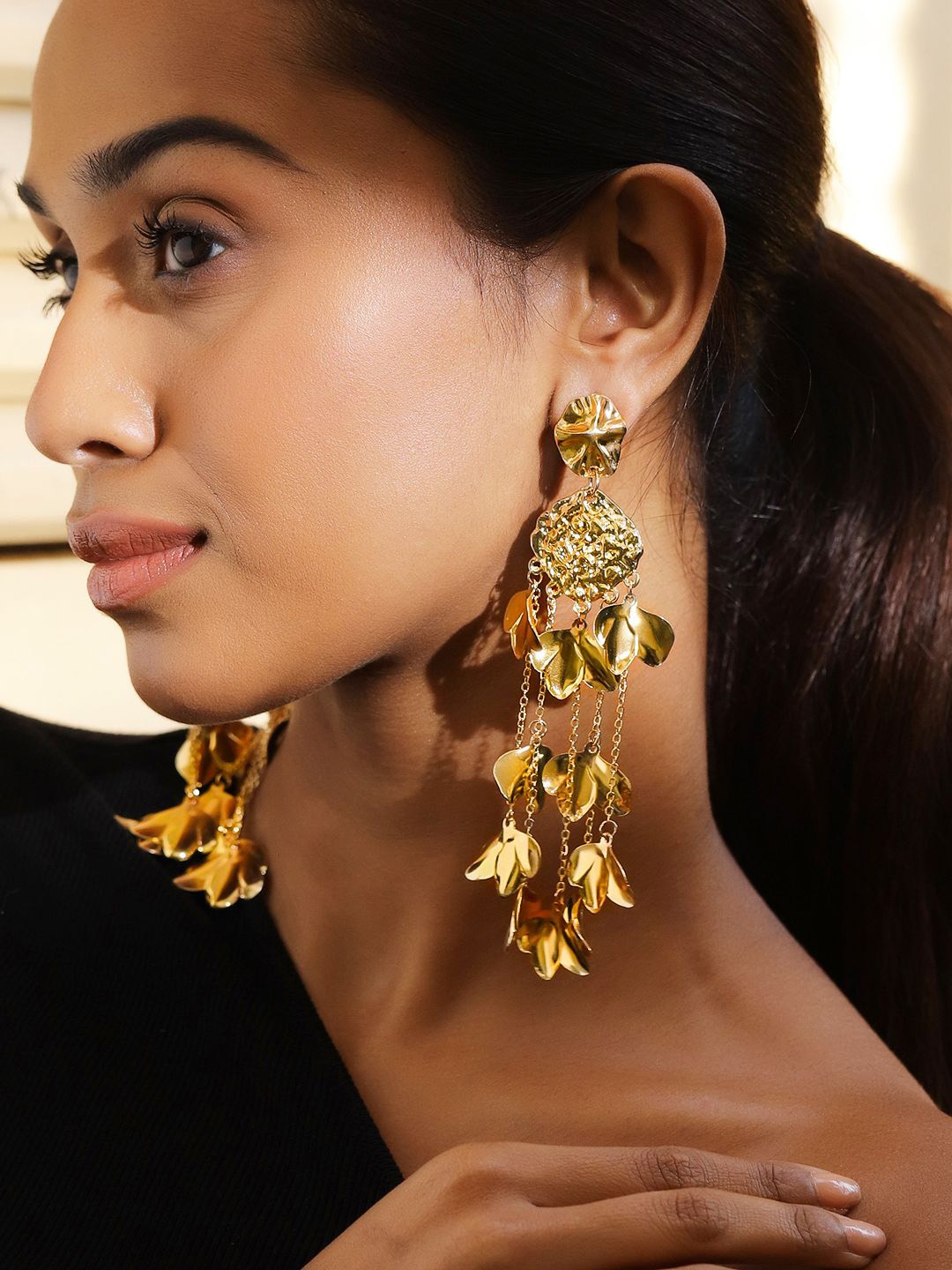 

Rubans 18K Gold Plated Floral Petal Cascade Long Statement Earrings