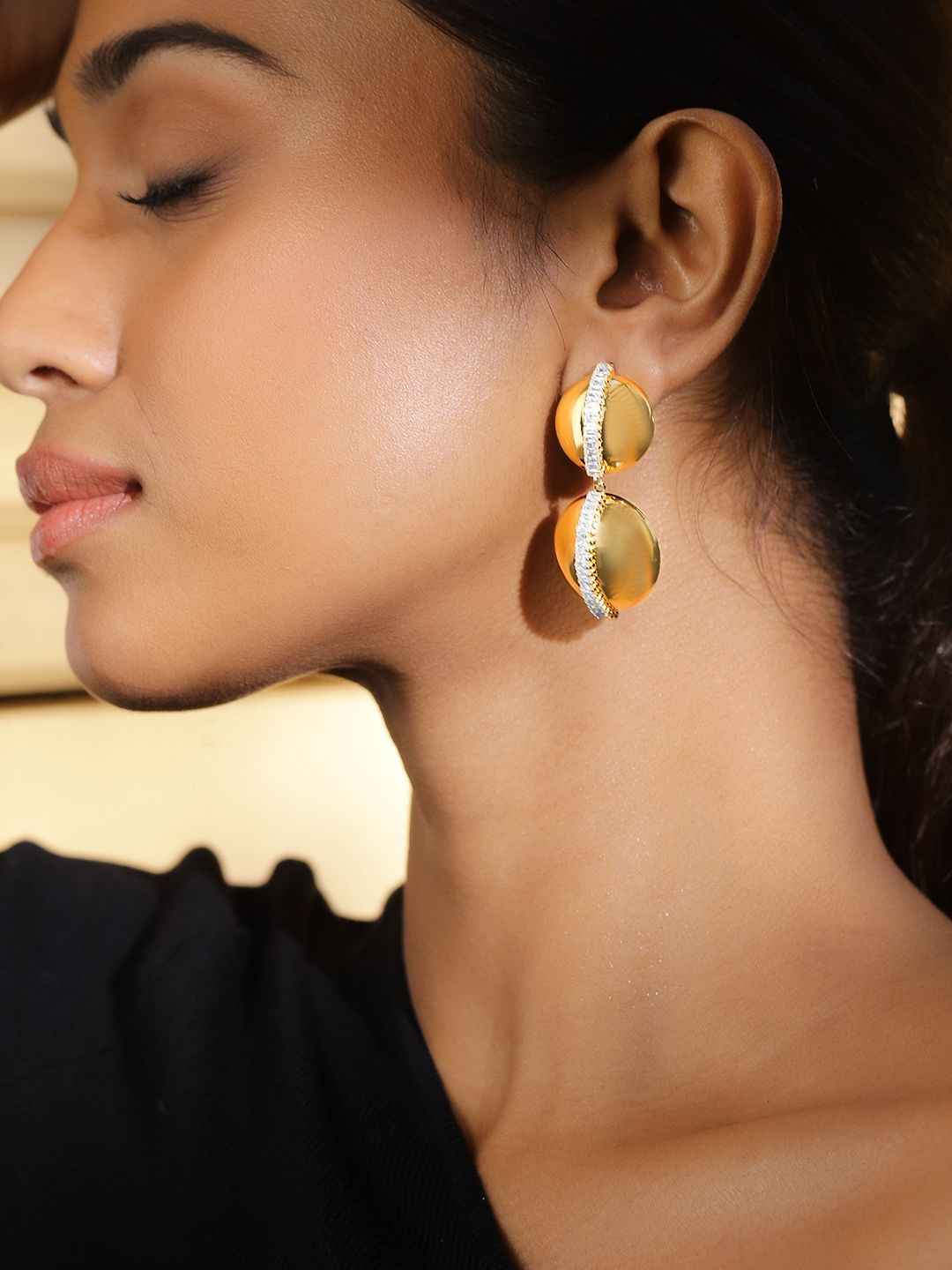 

Rubans Voguish 18K Gold Plated Double Dome Earrings with Baguette Zirconia Accents